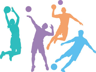 Silhouettes of players in action with balls in different colors pose