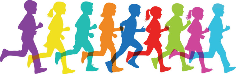 Colorful silhouettes of children running in a group on a white background