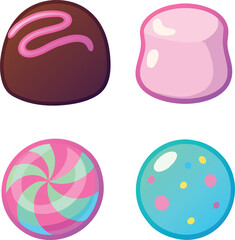 Sweet treat candy icon set: truffle, jelly, swirl, sprinkle candy