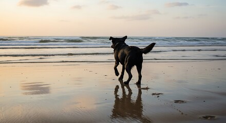 Silhouette of a dog running on the beach at sunset.