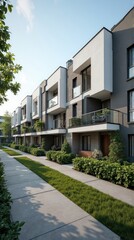 Modern Townhouses with Balconies and Lush Greenery on a Sunny Day