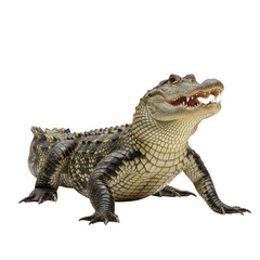Fototapeta premium A powerful american alligator stands with its mouth open, revealing sharp teeth. This reptile image is suitable for educational content or wildlife themes.