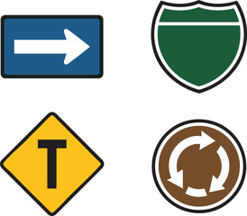 Directional road sign icon set: right arrow, highway shield, T-intersection, roundabout