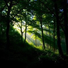 Obraz premium Sun Rays Piercing Through the Canopy of a Dense, Verdant Forest, Creating Striking Light Beams