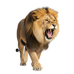 Obraz premium A powerful male lion with a majestic mane roars fiercely, walking directly towards the viewer. This impressive big cat showcases its strength and dominance.