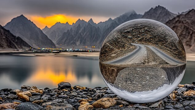 A crystal ball captures a mountain road reflecting on a serene lake at sunrise - Powered by Adobe