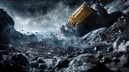 A yellow object falls through a rocky environment amidst an explosion.