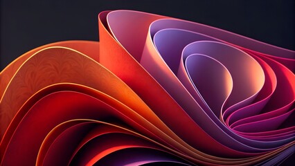 Abstract layered paper art with orange red and purple hues against a dark background design element