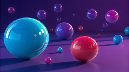 A vibrant display of glossy spheres in various sizes and colors on a purple surface background