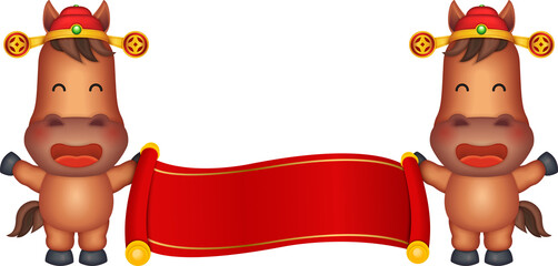 Chinese new year of 3D cartoon nursery character horse holding a traditional paper scroll