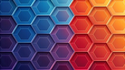 A vibrant background featuring a geometric pattern of interconnected blue and orange hexagons