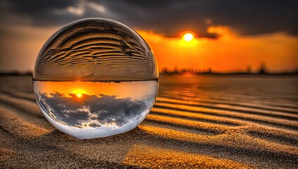 Crystal sphere captures sunset over water