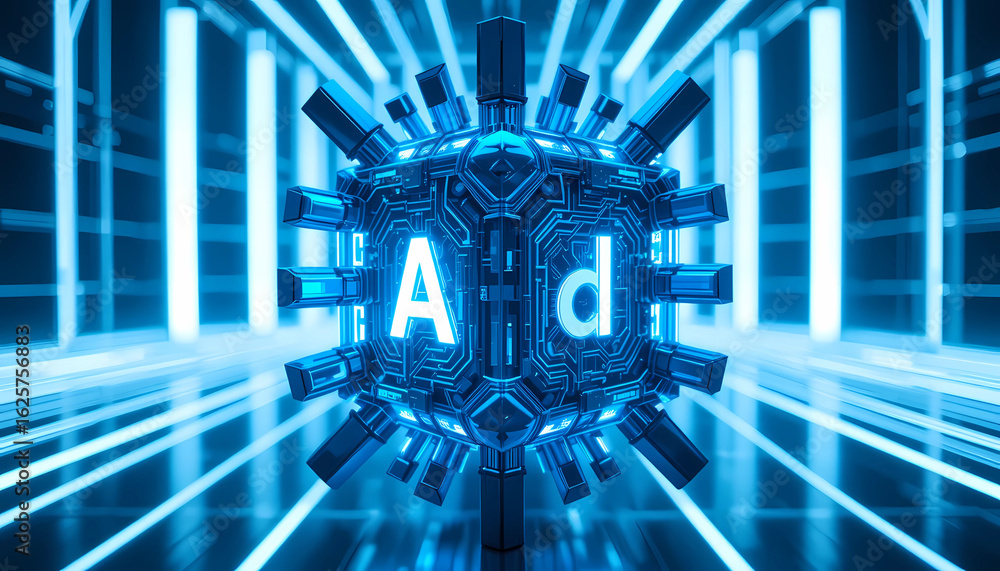 Poster glowing letters a and d inside a blue futuristic cube with neon lights in the background technology