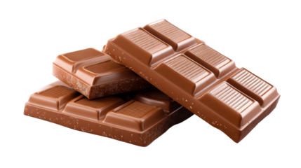 Rich milk chocolate bars stacked on a transparent background