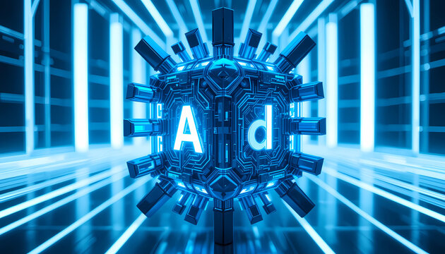 Glowing letters a and d inside a blue futuristic cube with neon lights in the background technology - Powered by Adobe