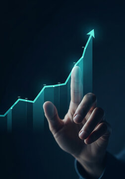 Confidently track financial growth with a rising digital graph and decisive hand