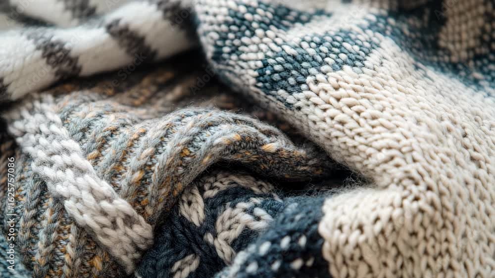 Aufkleber close-up of colorful knitted fabrics with various patterns and textures