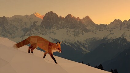 Low-poly fox on snowy mountain ridge at sunset