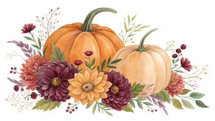 Autumn Watercolor Pumpkins and Flowers: Thanksgiving, Fall Harvest, Rustic Floral Arrangement