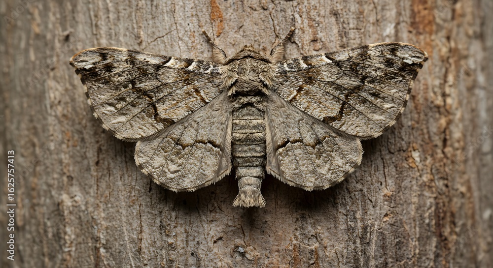 Poster close-up view of a moth resting on a tree trunk.