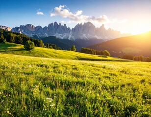 Obraz premium Beautiful summer mountain landscape with green meadows, blooming wildflowers, and sunrise light over the hills. Perfect for nature, travel, outdoor adventure, seasonal themes, or eco-friendly content