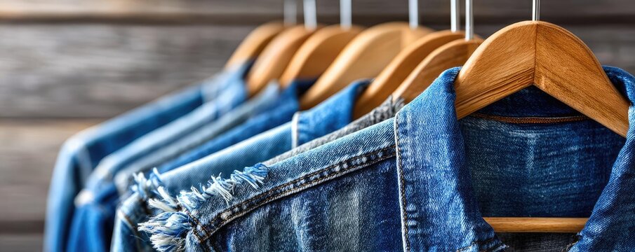 Frayed denim with loose threads concept. Stylish denim jackets hanging on wooden hangers in a boutique.