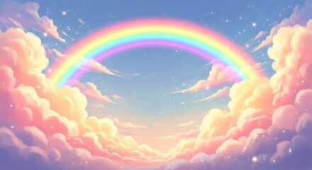 Pastel Sky with Rainbow Illustration Soft Pink Clouds and Dreamy Starry Sky Background Childrens Book Illustration