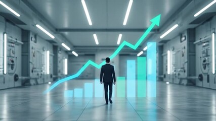 Businessman analyzing growth trends in a modern industrial environment with data visualization elements - Powered by Adobe