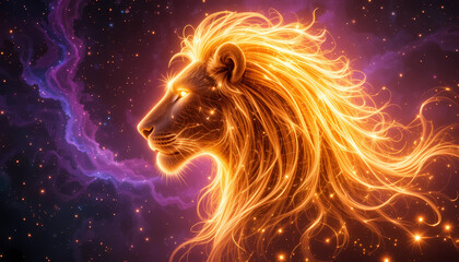 Glowing lion with a mane of fire against a backdrop of stars and purple nebula clouds art