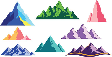 Collection of colorful mountain illustrations on a white background