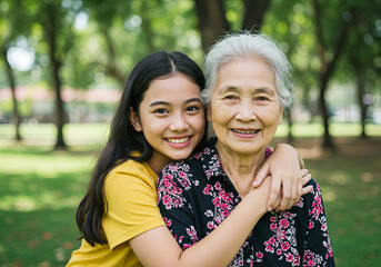 Naklejka premium Loving daughter hugging elderly mother outdoors in park