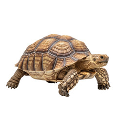 Obraz premium A large terrestrial tortoise with a textured brown shell and scaly skin is shown walking. Ideal for educational materials, wildlife studies, or nature themed designs.