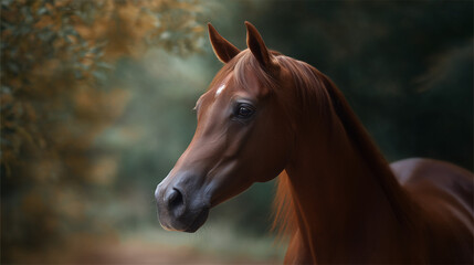 Obraz premium Chestnut horse portrait with soft lighting in natural setting 