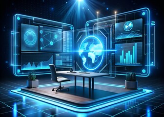 Futuristic office with digital screens and global data visualization