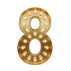 Obraz premium A dazzling golden number 8 sign featuring illuminated light bulbs, perfect for celebrations, events, or vintage themed designs.