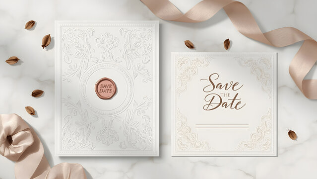 Save the Date Invitation Mockup, Elegant Wedding Stationery Mockup, Floral Save the Date Flat Lay Mockup - Powered by Adobe