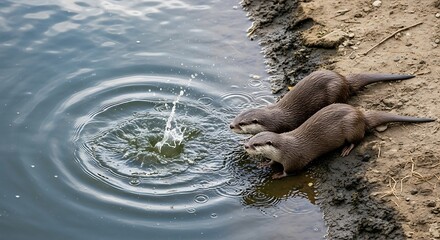 Obraz premium Two otters drink water near the shore.