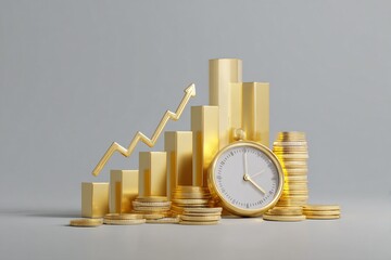 Golden growth chart with coins and clock represents financial success.