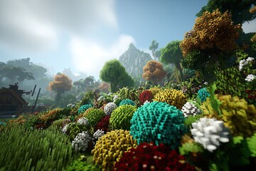 Lush, colorful voxel landscape with a diverse array of plants and trees.  A mountainous vista in the background, with a village structure visible in the foreground