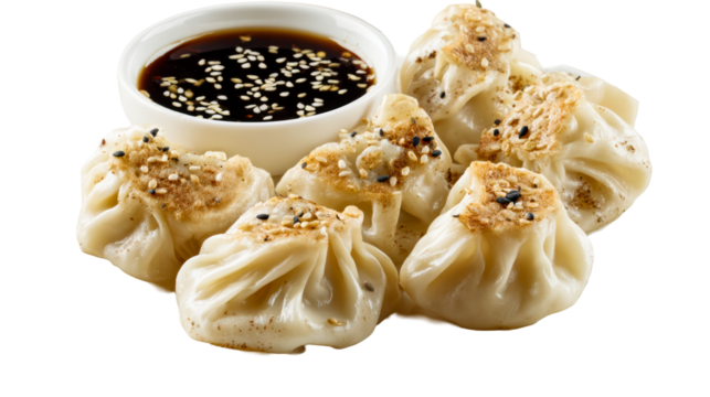 Steamed dumplings with dipping sauce on a transparent background