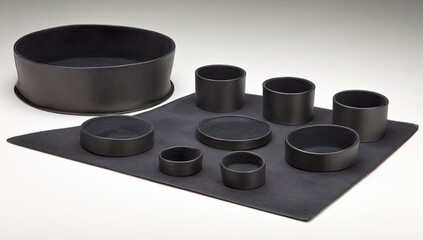 Dark grey leather or suede containers of varying sizes arranged on a mat