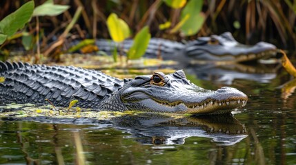 Naklejka premium American Alligators Swimming in a Marsh Habitat, showcasing their powerful presence
