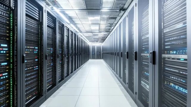 Data center with rows of server racks and cables