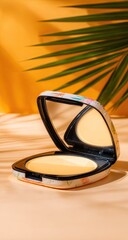 Opened compact powder case, light peach, floral pattern, tropical leaf shadow