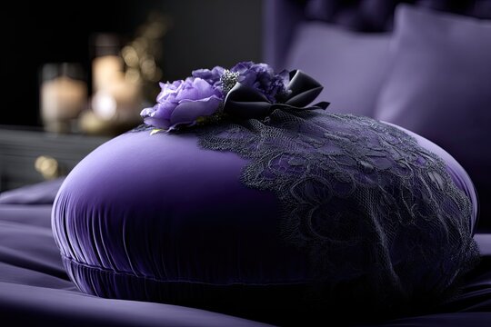 Purple velvet pillow, lace, flowers, dark bedroom - Powered by Adobe