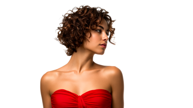 A woman with curly hair looks to her left while wearing a red dress