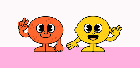 Orange and lemon fruit cartoon characters with big eyes and cheerful expressions. One is giving a peace sign, the other waving in hand drawn style illustration vector for fruit themes