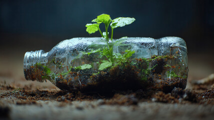 plastic bottle transforming plant  seedling, metaphor for recycling