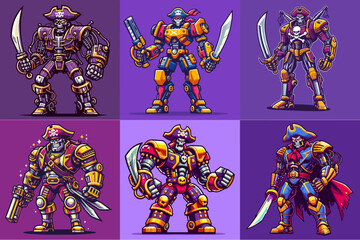 cartoon illustration set of pirate captain robot