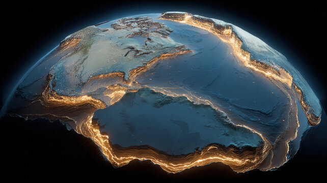 Time-lapse of tectonic plates shifting with glowing fault lines visible under Earth surface
